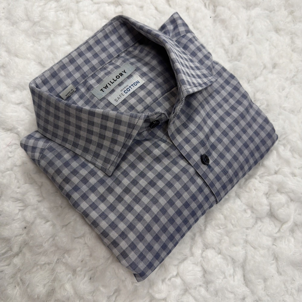 Twillory Dress Shirt Mens 17 34/35 Tailored Blue Gray Gingham Check Long Sleeve